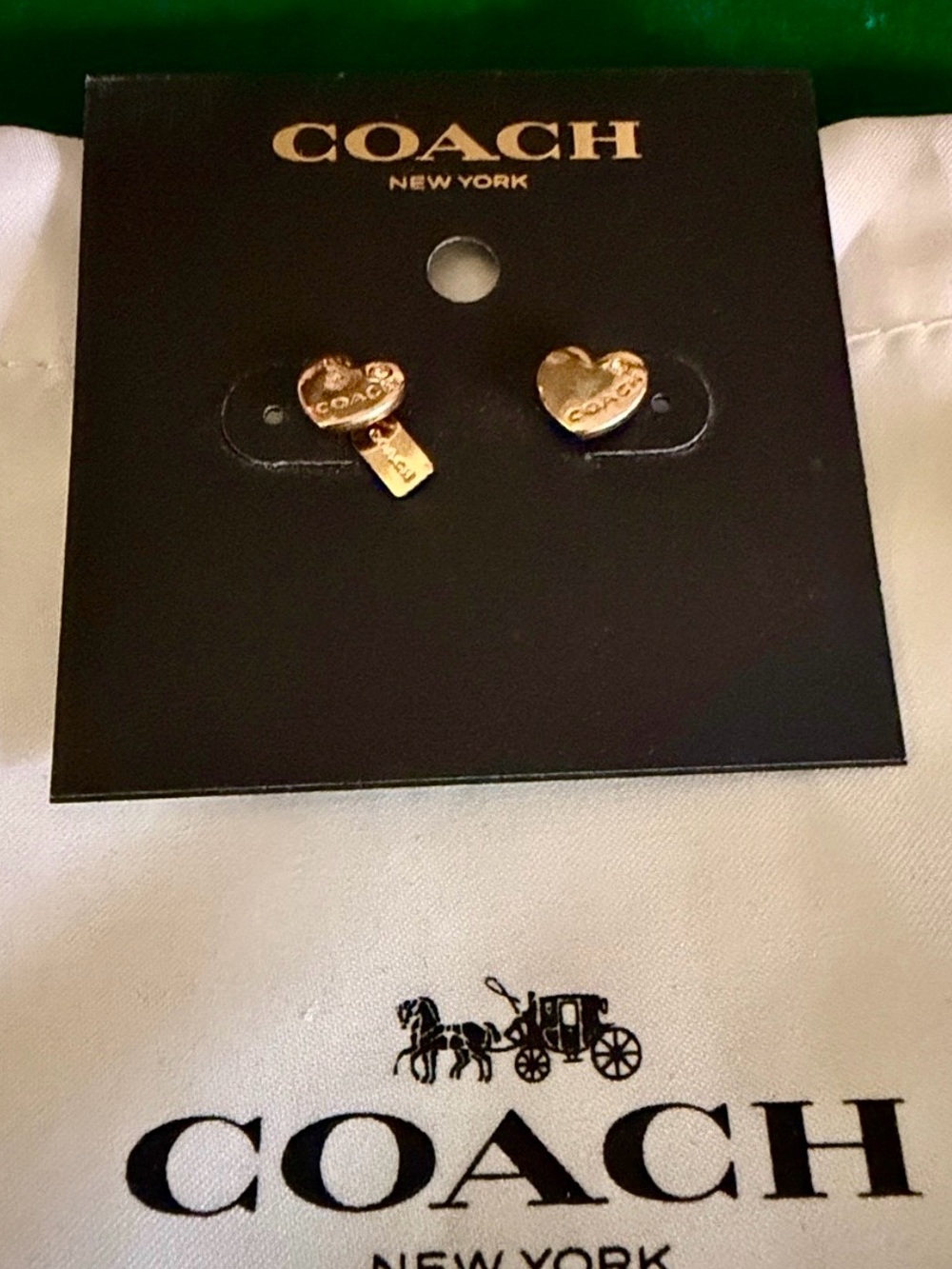 NWT Coach Gold Heart Logo Stud Earrings Crystal Accent,Hangtag Charm & Dustbag